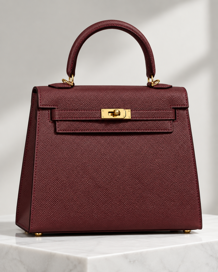 Sac bordeaux VHYLA, détails du rabat et du fermoir illustratifs