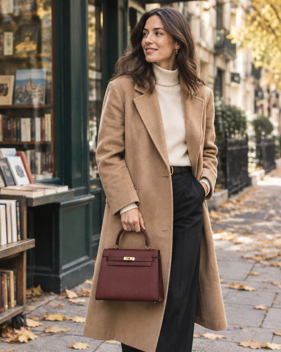 Sac bordeaux VHYLA porté en ville, visuel illustratif
